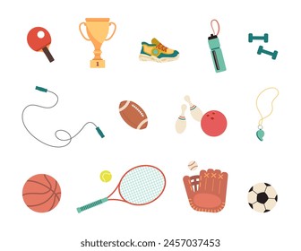 Sports icon set. Cute versatile clipart collection. Ping pong paddle, tennis racket, basketball, American football, referee whistle, bowling pins and ball, baseball glove, jump rope, trophy, sneaker.