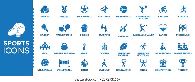 Sports icon set. sports icons set or pack, Containing football, basketball, trophy, competition, medal, gym, trophy, finish line, athlete, , cycling, volleyball more. Solid vector icons collection.