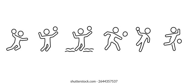 Sports icon set, Sports people icons with ball, basketball, volleyball, beach volleyball, squash, handball and bowling vector illustration in transparent background. Sport line icon set. Editable.
