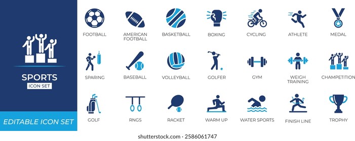 Sports icon set. Solid editable vector icons collection.