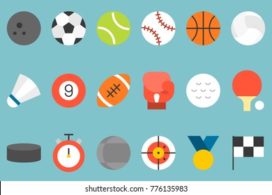 sports icon set, such as football, basketball, badminton, bowling, boxing, flag, stopwatch in flat design