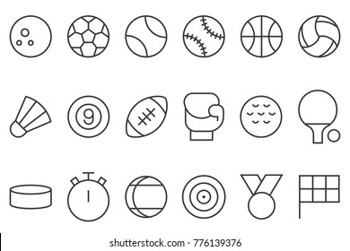 sports icon set, such as football, basketball, badminton, bowling, boxing, flag, stopwatch, thin line design