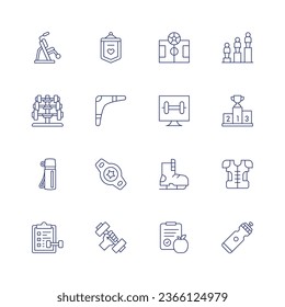 Sports icon set. Thin line icon. Editable stroke. Containing ab crunch, banner, barbell, boomerang, bottle, champion belt, checklist, dumbbell, football, gym, ice skate, nutrition, podium, ranking.