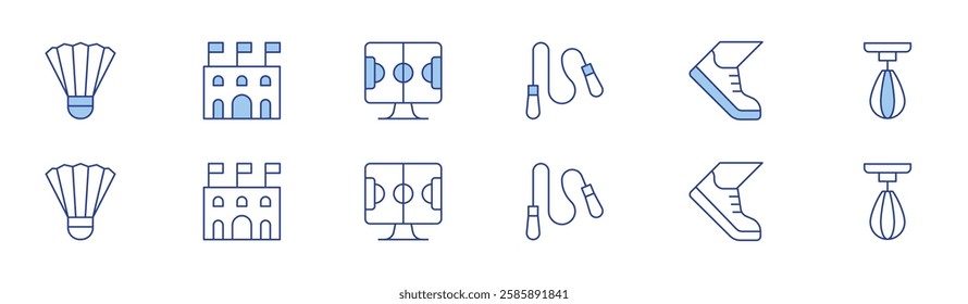Sports icon set in two styles, Duotone and Thin Line style. Editable stroke. skipping rope, badminton, arena, running shoes, football, punching ball.