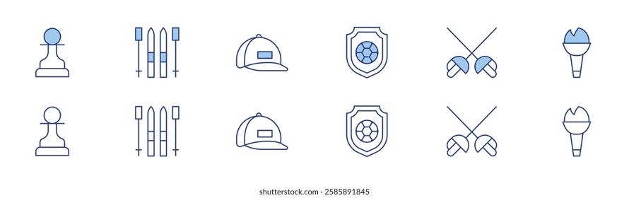 Sports icon set in two styles, Duotone and Thin Line style. Editable stroke. pawn, skis, cap, soccer, fencing, torch.