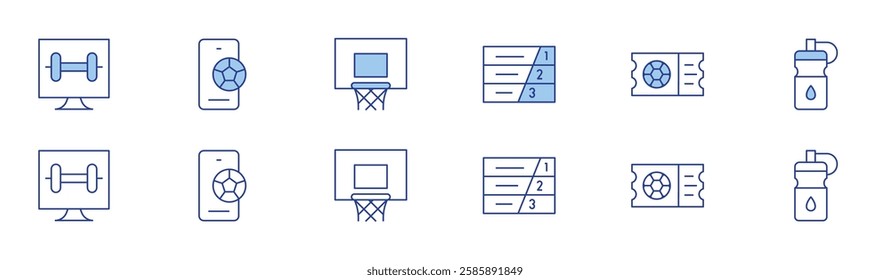 Sports icon set in two styles, Duotone and Thin Line style. Editable stroke. gym, smartphone, hoop, running track, soccer, water.