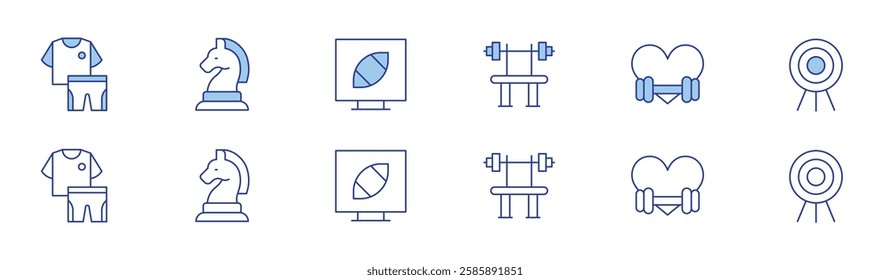 Sports icon set in two styles, Duotone and Thin Line style. Editable stroke. excercise, heart, dart, sport wear, strategy, televised match.