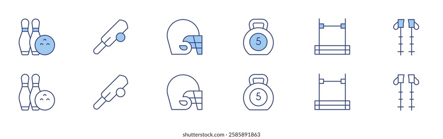 Sports icon set in two styles, Duotone and Thin Line style. Editable stroke. bowling, kettlebell, cricket, helmet, high jump, hiking.