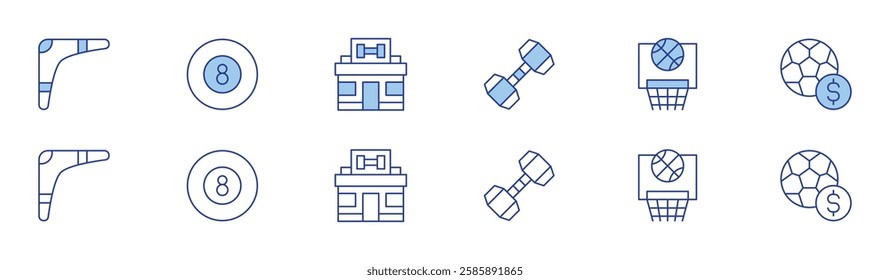 Sports icon set in two styles, Duotone and Thin Line style. Editable stroke. boomerang, dumbbell, billiard ball, basketball, gambling, gym.
