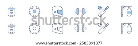 Sports icon set in two styles, Duotone and Thin Line style. Editable stroke. banner, football ball, gym, helmet, cricket, punching bag.