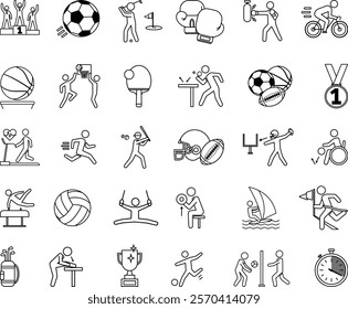 Sports Icon Set. Vector Icons of Football, Basketball, Volleyball, Table Tennis, Boxing, Baseball, Golf, Parasports, Water Sports, American Football, and More