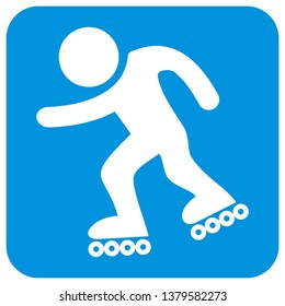sports icon, skating, white silhouette of figure on blue background, frame, vector icon	