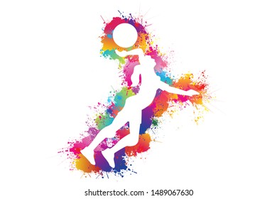 Sports icon. Volleyball logo design. Colorful paint drops ink splashes. Equipment, Exercise, Symbol, Silhouette, Background. Vector illustration.