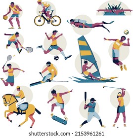 Sports icons cartoon characters colorful dynamic