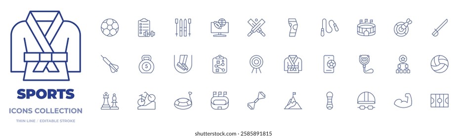 Sports icons collection. Thin Line icons, editable stroke. dart, strategy, soccer ball, training, cricket, knee pad, smartphone, skis, kimono, skipping rope, kettlebell, skip rope, sport news.
