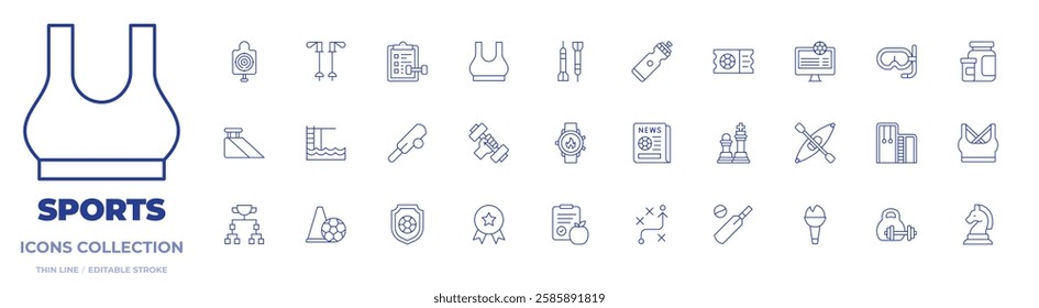 Sports icons collection. Thin Line icons, editable stroke. checklist, dumbbell, sport bottle, top, ramp, shooting range, trampoline, trekking, darts, newspaper, cricket, smartwatch.