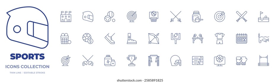 Sports icons collection. Thin Line icons, editable stroke. arrow, basketball, fencing, goal post, arena, basket, gambling, helmet, petanque, running shoes, sport shoes, target.