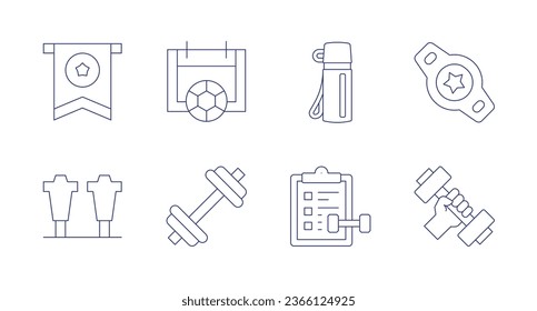 Sports icons. Editable stroke. Containing banner, blocking, bottle, champion belt, checklist, dumbbell, football, gym.