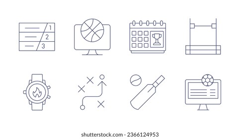 Sports icons. Editable stroke. Containing calendar, cricket, high jump, monitor, running track, smartwatch, strategy, tv.
