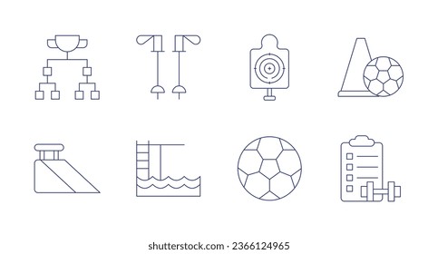Sports icons. Editable stroke. Containing playoff, ramp, shooting range, soccer ball, training, trampoline, trekking.