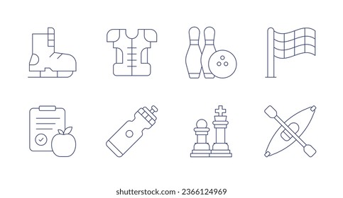 Sports icons. Editable stroke. Containing bowling, checkered flag, chess, ice skate, kayak, nutrition, shoulder pads, sport bottle.