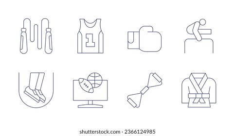 Sports icons. Editable stroke. Containing boxing glove, chest expander, gymnastic, jumping rope, kimono, singlet, skip rope, sport news.