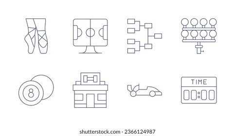 Sports icons. Editable stroke. Containing ballerina, billiard, football, gym, playoff, racing car, spotlight, timer.