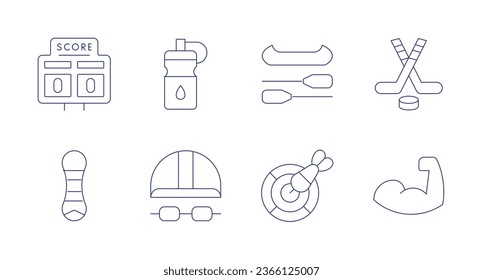 Sports icons. Editable stroke. Containing canoe, darts, hockey, muscle, scoreboard, snowboard, swimming cap, water.