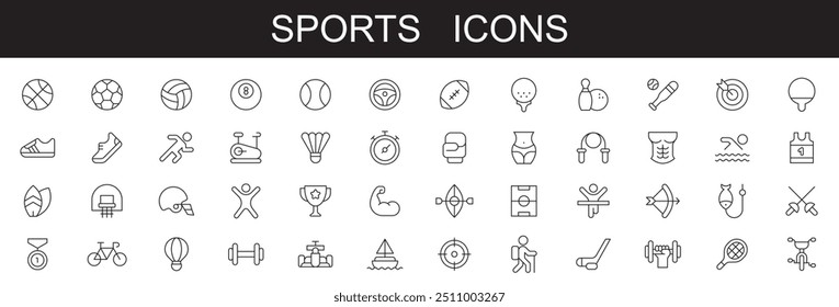 Sports icons . editable stroke line icons vector illustration on white background . fitness, soccer, cricket, ball, diving, snooker, tennis, and more,