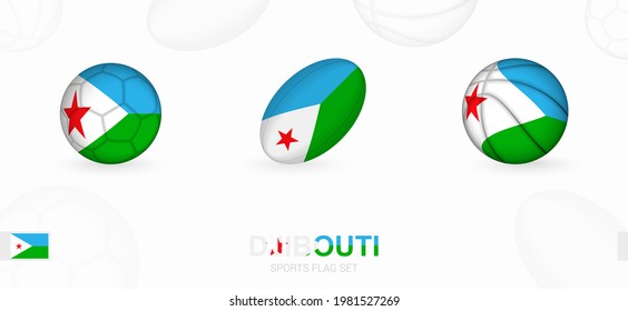 Sports icons for football, rugby and basketball with the flag of Djibouti. Vector icon set on a sports background.