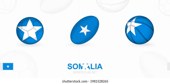 Sports icons for football, rugby and basketball with the flag of Somalia. Vector icon set on a sports background.