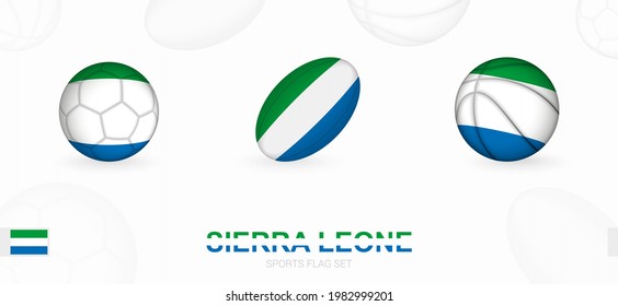 Sports icons for football, rugby and basketball with the flag of Sierra Leone. Vector icon set on a sports background.