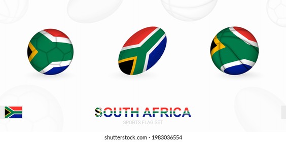 Sports icons for football, rugby and basketball with the flag of South Africa. Vector icon set on a sports background.