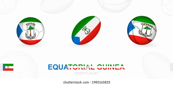 Sports icons for football, rugby and basketball with the flag of Equatorial Guinea. Vector icon set on a sports background.