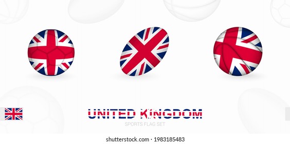 Sports icons for football, rugby and basketball with the flag of United Kingdom. Vector icon set on a sports background.