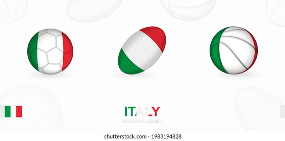 Sports icons for football, rugby and basketball with the flag of Italy. Vector icon set on a sports background.