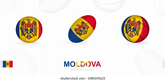 Sports icons for football, rugby and basketball with the flag of Moldova. Vector icon set on a sports background.