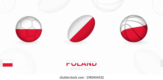 Sports icons for football, rugby and basketball with the flag of Poland. Vector icon set on a sports background.