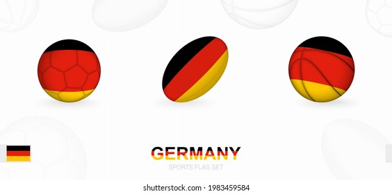 Sportsymbole für Fußball, Rugby und Basketball mit der Flagge Deutschlands. Vektorsymbol auf sportlichem Hintergrund gesetzt.