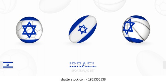 Sports icons for football, rugby and basketball with the flag of Israel. Vector icon set on a sports background.