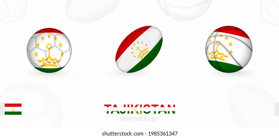 Sports Icons For Football, Rugby And Basketball With The Flag Of Tajikistan. Vector Icon Set On A Sports Background.