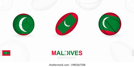 Sports icons for football, rugby and basketball with the flag of Maldives. Vector icon set on a sports background.