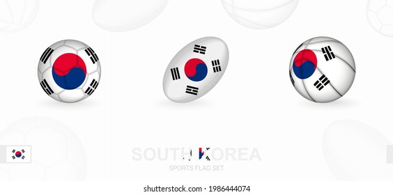 Sports icons for football, rugby and basketball with the flag of South Korea. Vector icon set on a sports background.