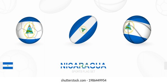 Sports icons for football, rugby and basketball with the flag of Nicaragua. Vector icon set on a sports background.