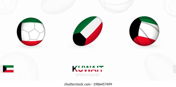 Sports icons for football, rugby and basketball with the flag of Kuwait. Vector icon set on a sports background.