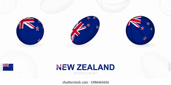 Sports icons for football, rugby and basketball with the flag of New Zealand. Vector icon set on a sports background.