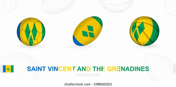 Sports icons for football, rugby and basketball with the flag of Saint Vincent and the Grenadines. Vector icon set on a sports background.