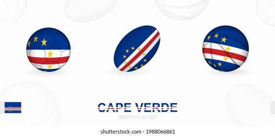 Sports icons for football, rugby and basketball with the flag of Cape Verde. Vector icon set on a sports background.