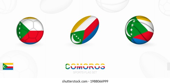Sports icons for football, rugby and basketball with the flag of Comoros. Vector icon set on a sports background.