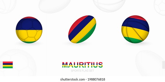 Sports icons for football, rugby and basketball with the flag of Mauritius. Vector icon set on a sports background.